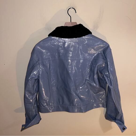 DOLCE CABO Womens Aviator Jacket Medium Blue Patent Leather Bomber Sherpa Y2k S - Picture 5 of 8